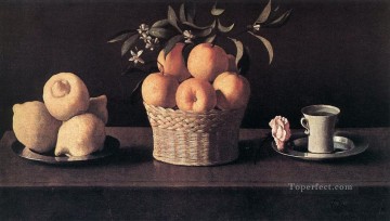 バロック Painting - レモン オレンジとバラ バロックのある静物画 フランシスコ スルバロン